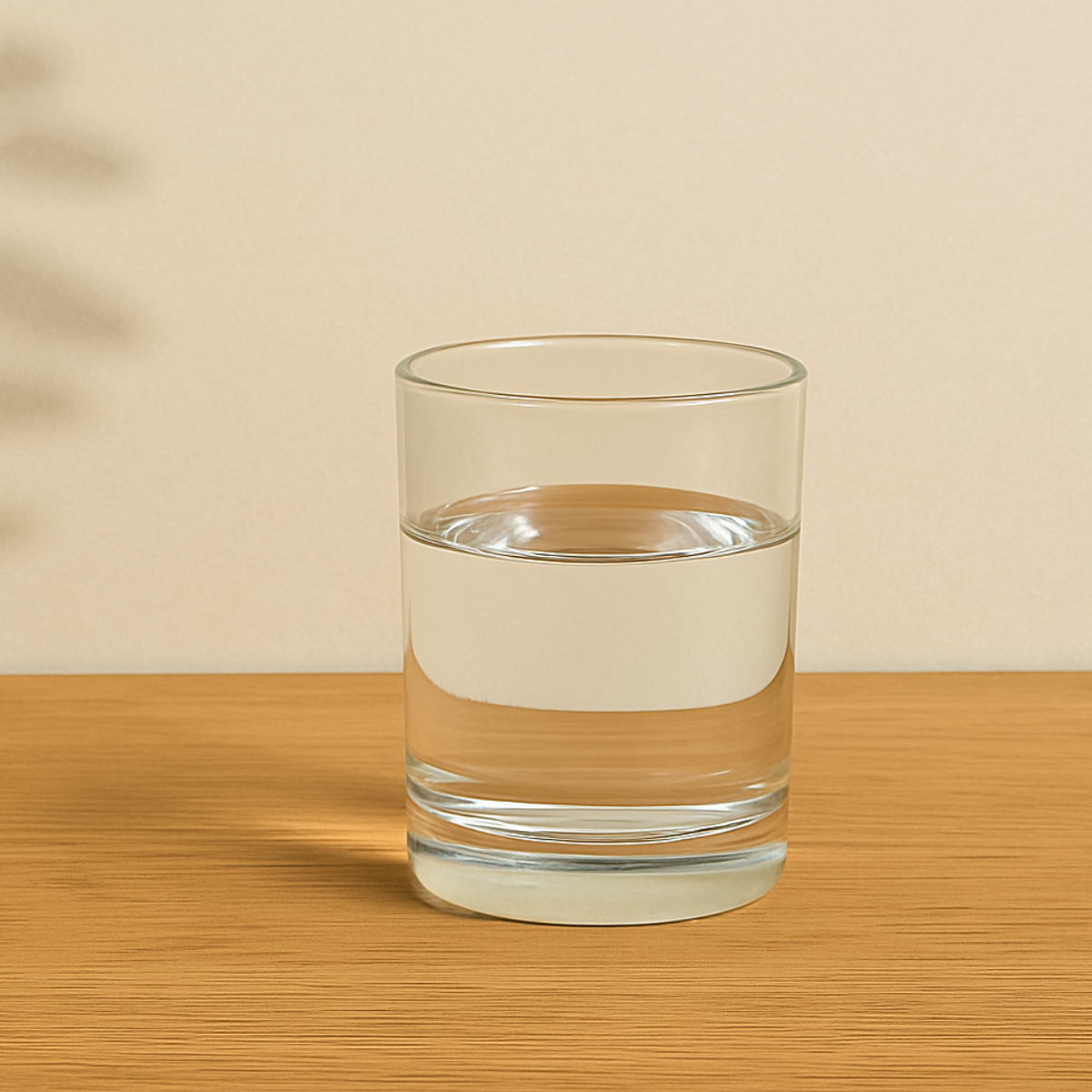 glass of water on wooden table plant shadow background