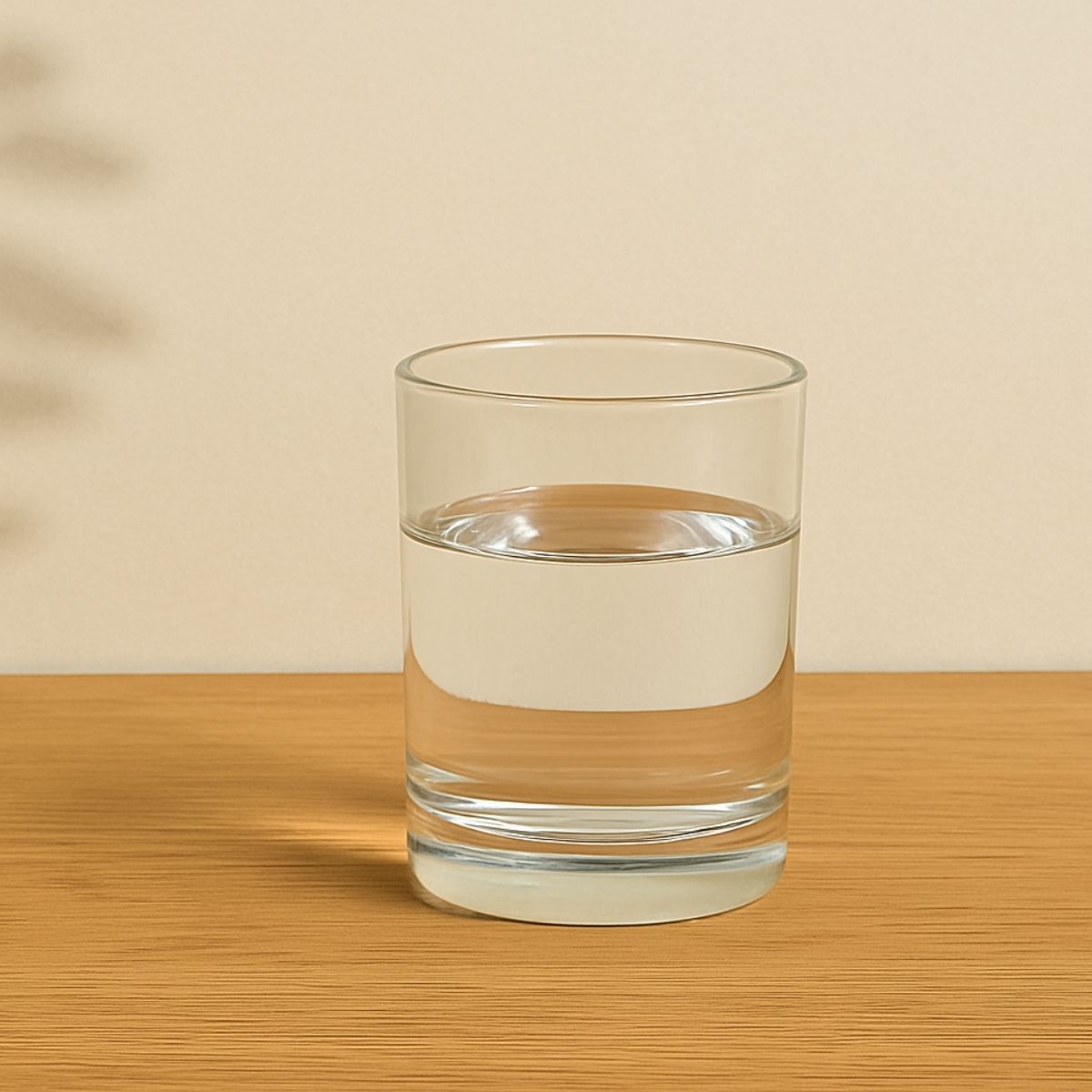 glass of water on wooden table plant shadow background